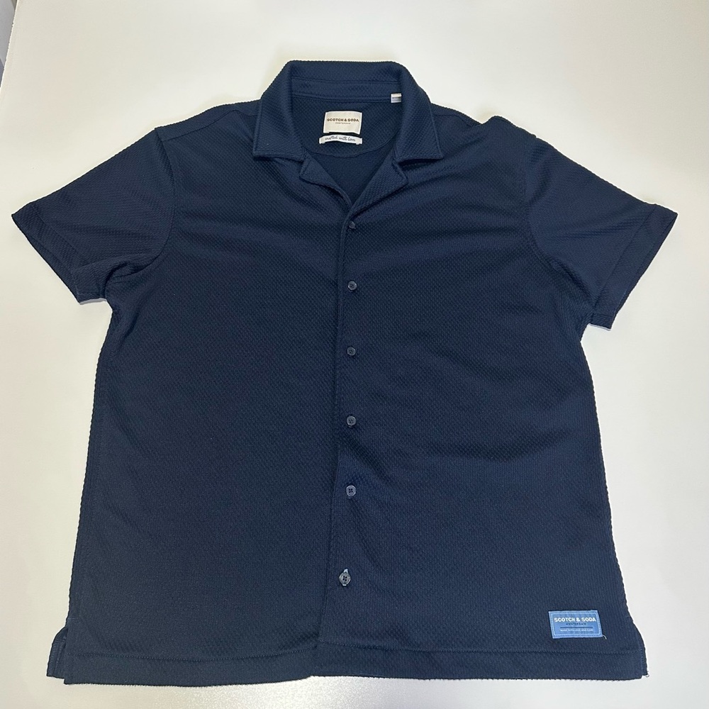Scotch & Soda Men's Popcorn Jersey Short Sleeve Camp Shirt - Blue Depths - Sz L
